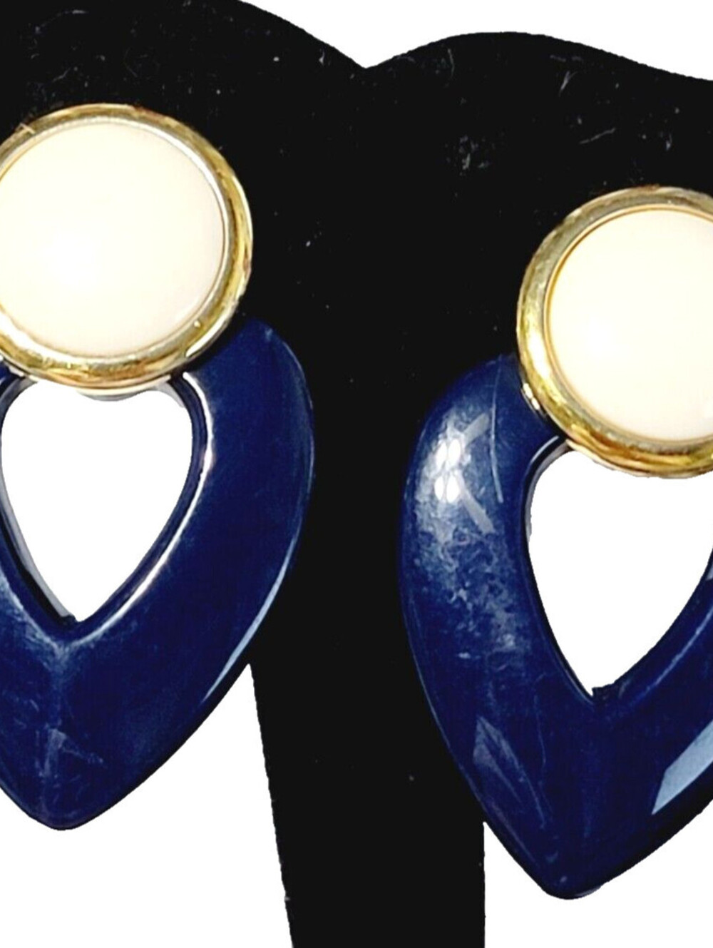 Vintage Blue Clip On‎ Earrings, Navy White Dangle Long, Retro Statment bcl-37